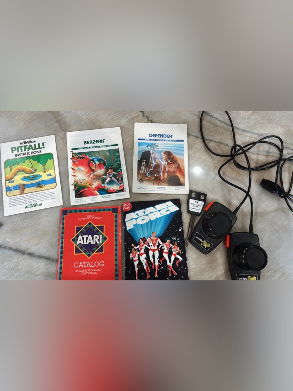 Vintage Atari Bundle, 4 Game Manuals, Catalog, Paddle Controllers, RF Switch Box